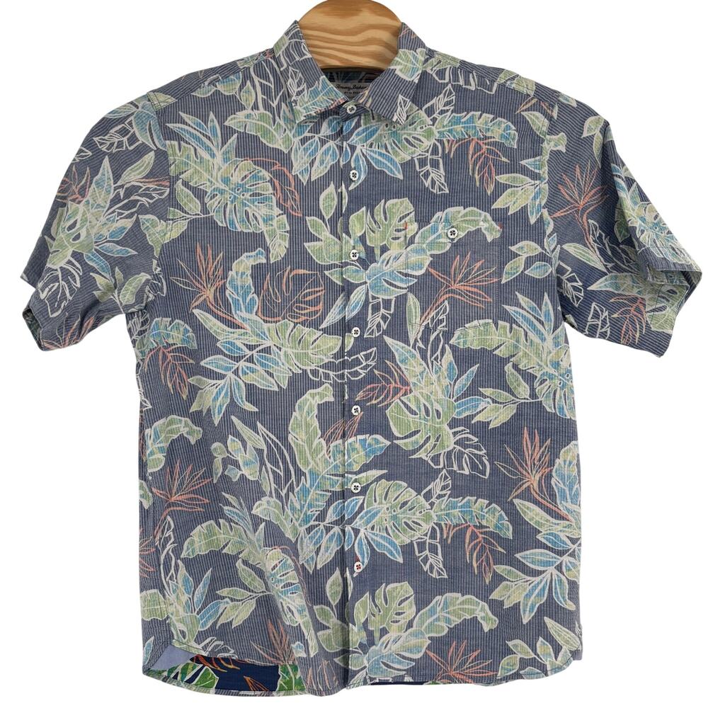 Tommy Bahama Large Blue Floral Pattern Short Sleeve Seersucker Button Up Shirt - Picture 5 of 6